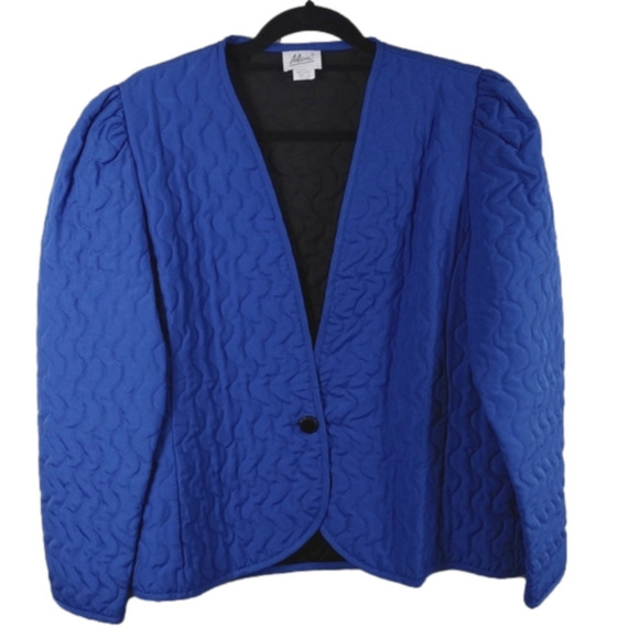 Alicia Vintage Blue Quit Long Sleeve Collarless Button Front Lightweight Jacket - Picture 1 of 9